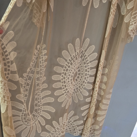 Rebellion Cream Lace Kimono Sheer Embroidered Bohemian Flowy Cover-Up Texture - Picture 4 of 7